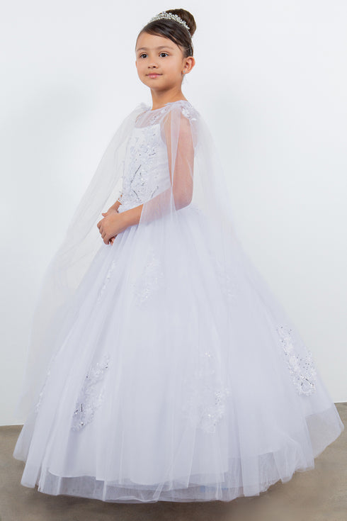 Girls Illusion Top 3D Flowers Sheer Sleeve Flower Girl Dress 2-16